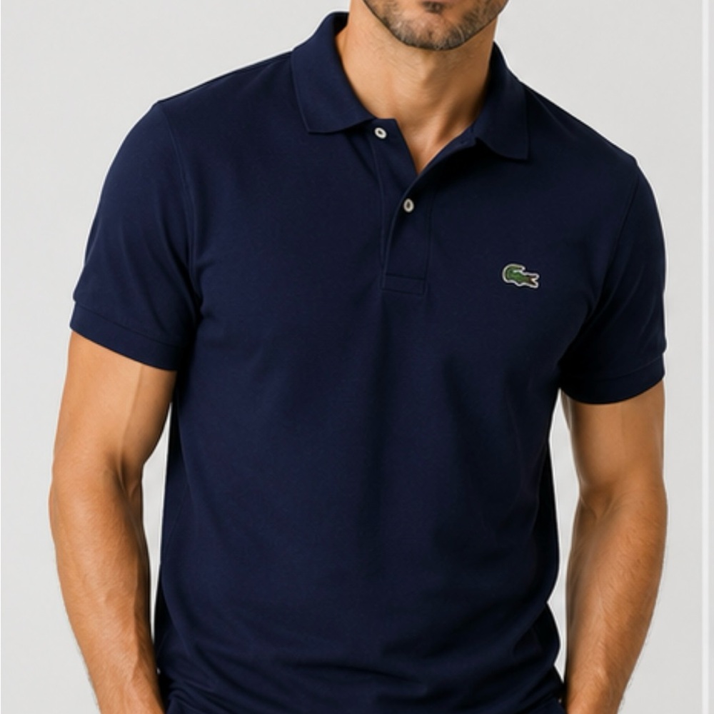 Lacoste Men's Dark Navy Pique Polo with Green Crocodile  M. Made in Perú